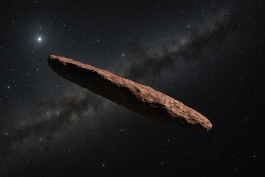 Long cigar-shaped asteroid drifting in space. Use for astronomy, science education, space exploration, and cosmic mystery themes.
