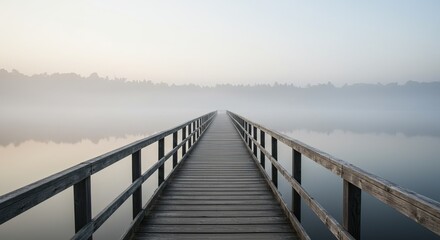 Fototapeta premium Serene wooden pier leads into tranquil misty lake at dawn, inviting peace and reflection