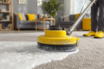 Technician using cleaning machine with foamy detergent spreading across floor, worker in gloves and boots in family home interior setting