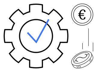 Gear mechanism with checkmark beside euro coins, emphasizing operational success and monetary growth. Ideal for efficiency, finance, automation, management, strategy, optimization, success in simple