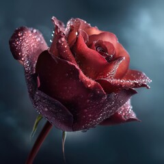 Close up of a dark red rose with water droplets