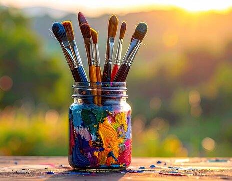 Artistic paintbrushes in a colorful paint-splattered jar bathed in golden sunset light.