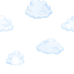 Fluffy clouds, seamless pattern Watercolor digital illustration. Cloudy sky, isolated on white background. For printing on textiles, cards, invitations and dreamy sky, and weather-themed