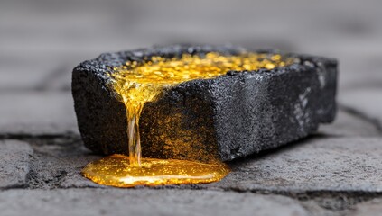 Molten gold flows from a dark gray brick