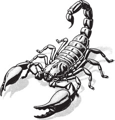 Scorpion with raised tail and claws black and white illustration arachnid insect