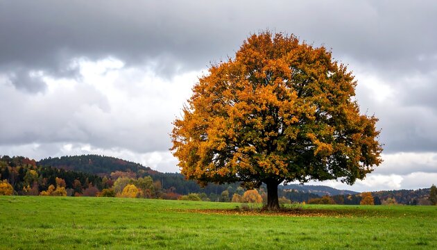 Vibrant orange autumn tree stands in a green field under a cloudy, overcast sky - Powered by Adobe