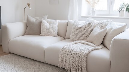This cozy living room features a light grey couch with decorative pillows and a throw blanket, highlighted by a black chandelier and white cabinets in the background
