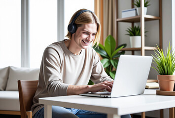Remote work concept – smiling man using computer at home.
