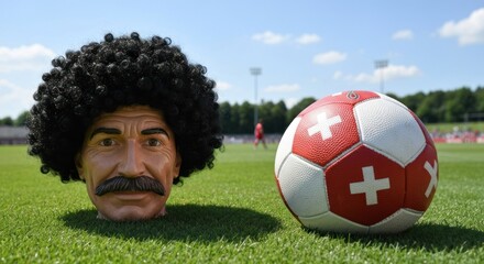 A humorous soccer-themed image featuring a large head with a curly afro wig and mustache, positioned beside a Swiss national team soccer ball on a grassy field