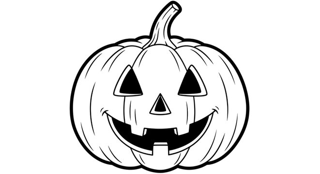 Black and white outline of a smiling jack olantern isolated on transparent background
