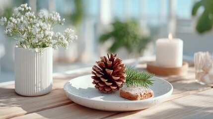 Festive Table Setting with Pinecone and White Flowers in Soft Light