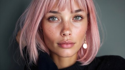 Portrait de jeune femme aux cheveux roses et aux yeux verts clairs