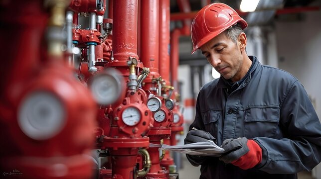 Technicien inspectant des &eacute;quipements de s&eacute;curit&eacute; incendie industriels