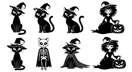 Halloween black cat and witch vector art isolated on transparent background
