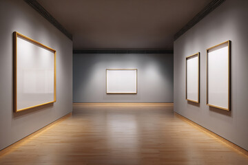 Modern art gallery interior with empty picture frames on display