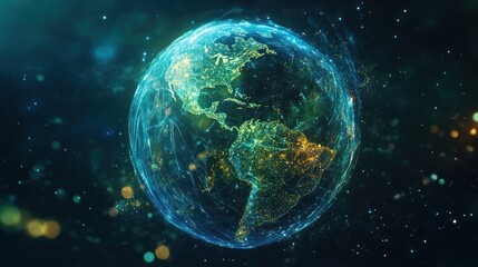 Obraz premium Abstract digital representation of Earth, with glowing continents and network lines.