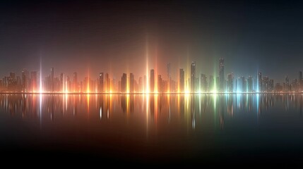 Fototapeta premium Futuristic Cityscape at Night with Colorful Reflections and Glowing Buildings in Water
