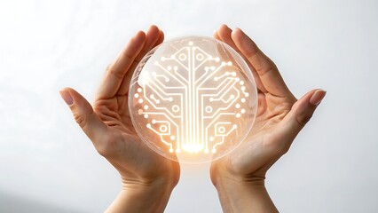 Hands presenting glowing AI concept with circuit board design and isolated look on AI Generated