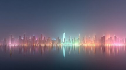 Fototapeta premium Futuristic Cityscape Reflecting on Water at Night with Neon Skyscraper and Cyberpunk Lighting