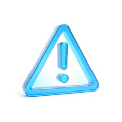 3D warning icon. A blue glass triangle with an exclamation mark symbolizing an alert, error, danger, and caution, isolated on a white background