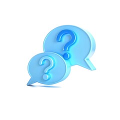 3D FAQ icon. Speech bubbles with question marks for a 'Frequently Asked Questions' section, Q&A, and customer support, isolated on a white background