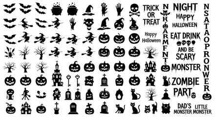 Assortment of black halloween icons and text elements isolated on transparent background