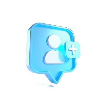 3D 'add friend' icon. A user profile with a plus sign in a notification bubble for following, friend requests, and adding new contacts, isolated on a white background