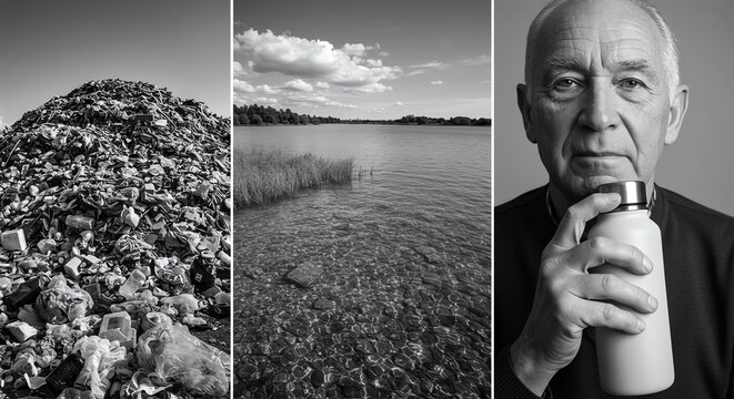 Black and White Triptych of Pollution Waste Water and Elder Man Drinking Bottle - Powered by Adobe