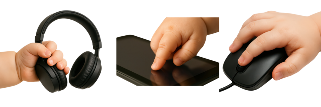 A child's hand interacts with headphones, a tablet, and a computer mouse, showcasing early engagement with technology.
