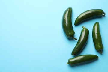 Green jalapeno peppers on light blue background, flat lay. Space for text