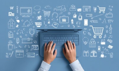 Hands typing on a laptop, surrounded by various sketched icons, suggesting e-commerce or online business