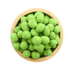 Wasabi coated peanuts in bowl isolated on white, top view