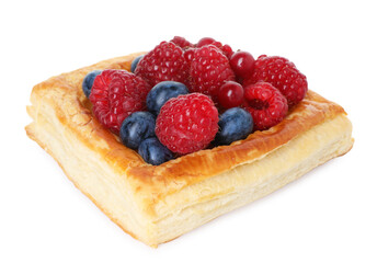 Yummy puff pastry with berries isolated on white