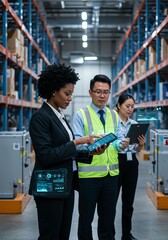 Business Professionals Analyzing Data in Warehouse with Digital Devices