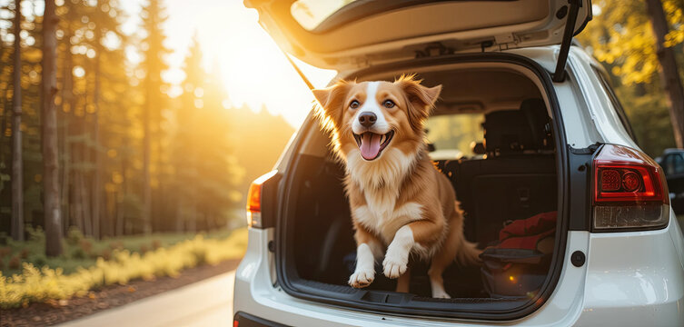 A cheerful dog leaps from the open trunk of a car parked by a forest trail. Sunlight filters through the trees, creating a warm atmosphere on a pleasant evening