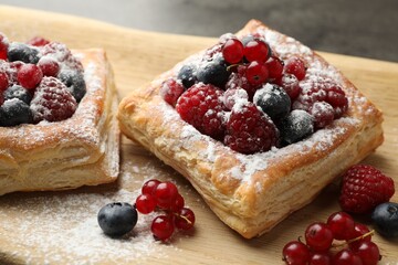 Tasty puff pastries with berries and powdered sugar on table, closeup
