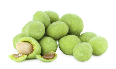 Pile of delicious wasabi coated peanuts isolated on white