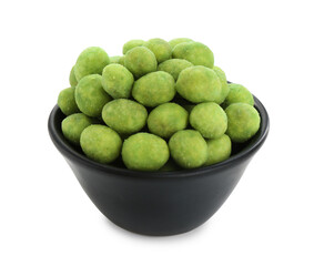Delicious wasabi coated peanuts in bowl isolated on white