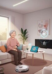 Elderly Woman Sitting on Couch Using Smart Home Technology in Modern Living Room