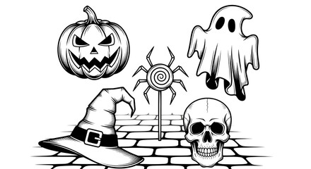 Halloween icons pumpkin, ghost, skull, hat, spider isolated on transparent background