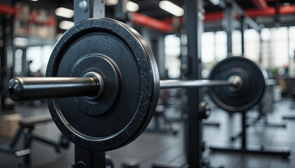 Fototapeta premium A weightlifting barbell rests on a rack in a well-equipped gym. The setting features bright lights and various workout machines, indicating a busy training session