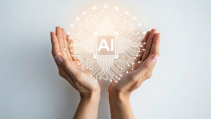 Hands presenting glowing AI concept with circuit board design and isolated look on AI Generated