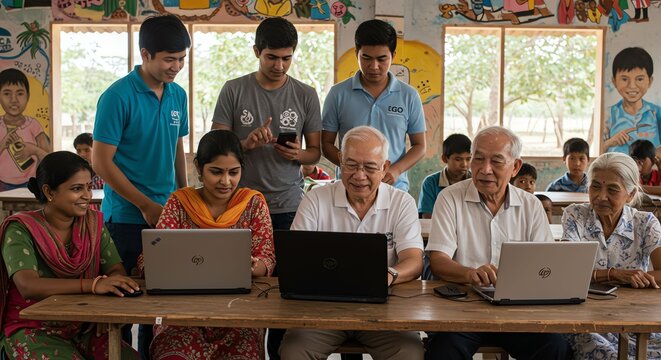 Multigenerational Group Using Laptops in Classroom Brightly Decorated with Children's Artwork