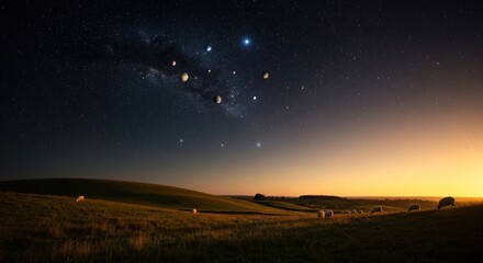 A pastoral scene at dawn, sheep grazing under a starlit sky, milky way prominent