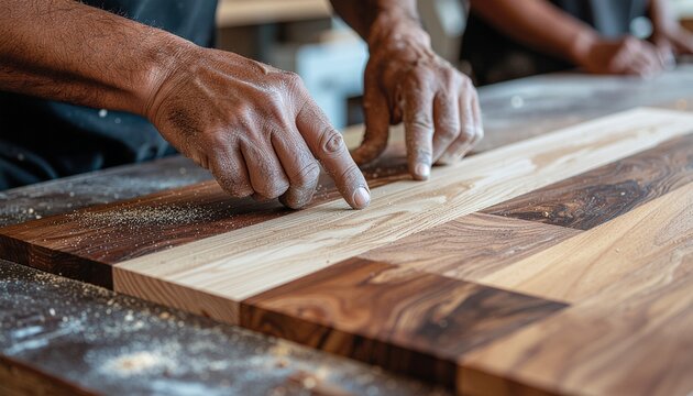Close-up of a craftsman's hands working on a wooden surface, highlighting the texture and detail.