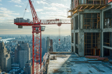 A construction crane towers over a high-rise building site, overlooking the expansive New York City skyline during a clear afternoon
