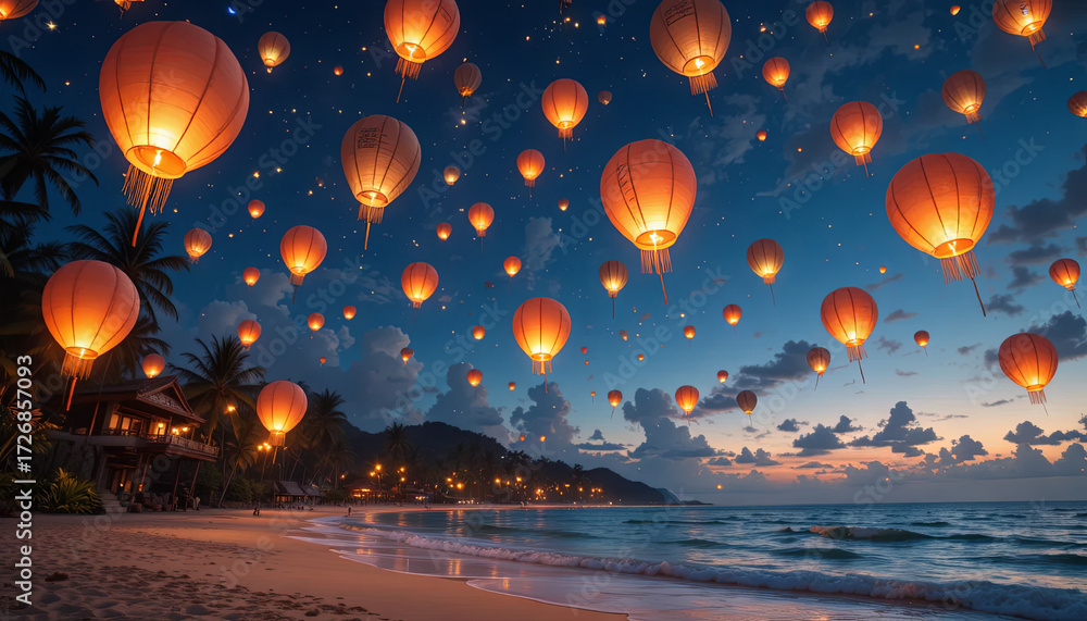 Poster colorful lanterns float gently into the night sky above a peaceful beach, creating a magical scene a