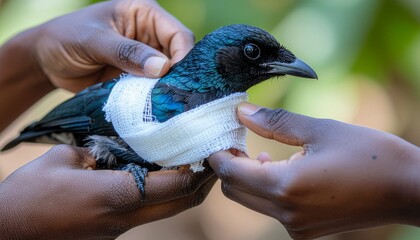 A person's hands gently hold a small, injured bird with a white bandage wrapped around its wing and body.
