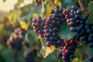 Fototapeta premium Clusters of dark grapes dangle from green vines in a vineyard, illuminated by warm sunlight during late afternoon