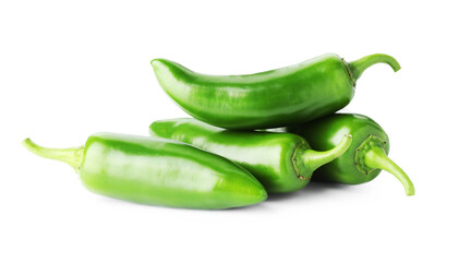 Many green jalapeno peppers isolated on white